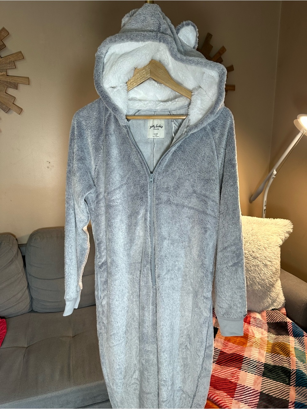 Gilly Hicks Plush Gray Sherpa Hooded Zip Onesie with Bear Ears